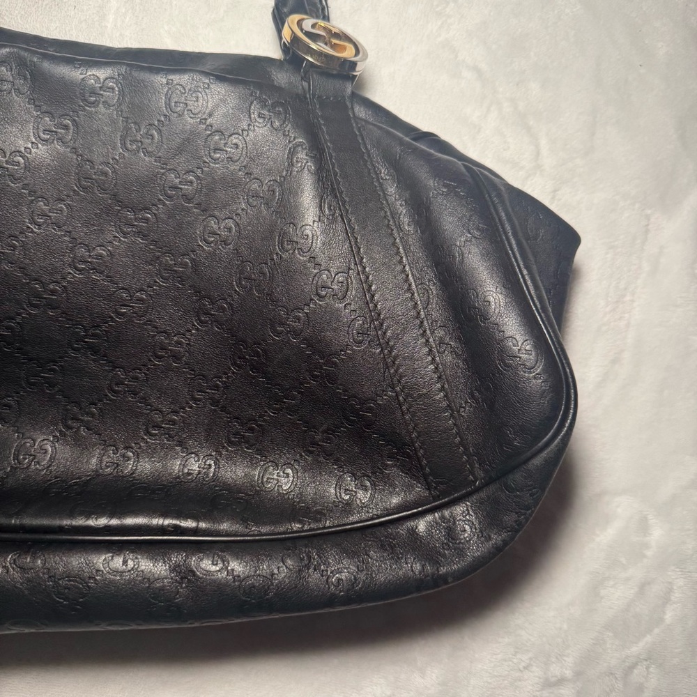 Auth. Gucci Guccissima GG Monogram Black Leather Shoulder Bag, East West Style - Picture 7 of 15